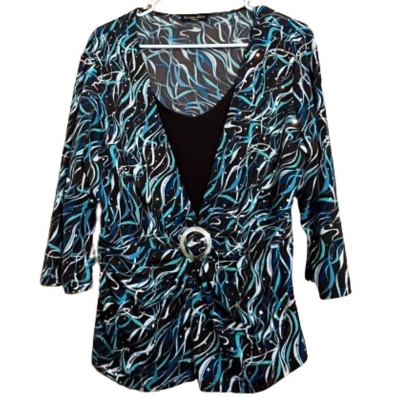 Brittany Black Women’s Blue & Green Multi Ruched Keyhole Front Detail Top Sz-M - Picture 1 of 5